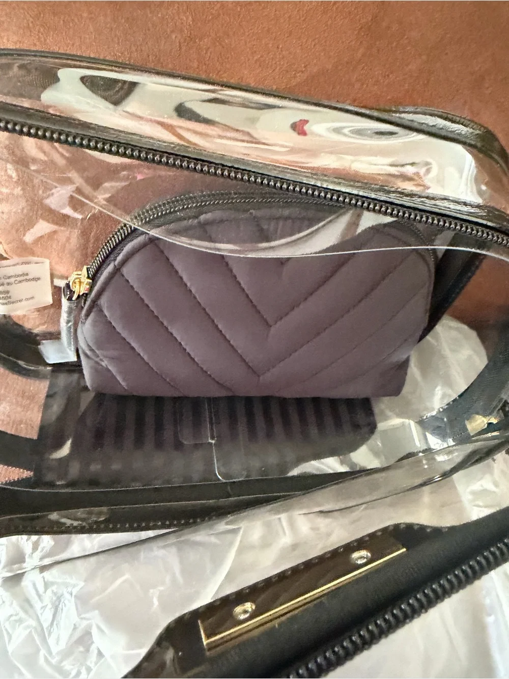 Victoria's Secret Clear Cosmetic Case with Black Trim and Gray Pouch